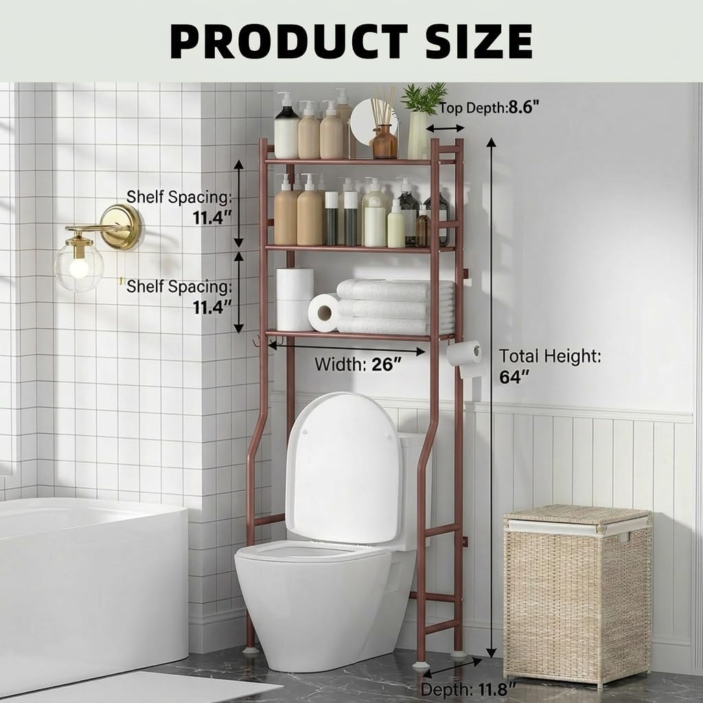 GloTika 3-Tier Over Toilet Storage with Anti-Tilt Safety System - 150lb Total Capacity Metal Bathroom Shelves Including Paper Holder & 4 Hooks, Space Saving Above Commode Organizer (64" H, Bronze)