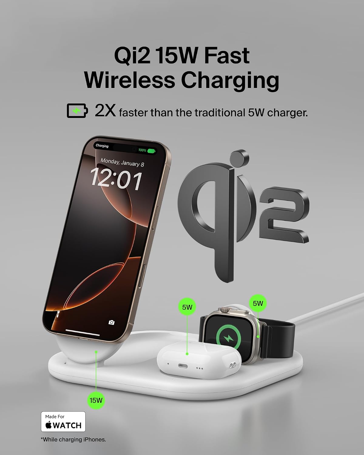 Belkin Qi2 Magnetic Wireless Charging Station, 3 in 1 Foldable Charger | MagSafe compatible, Apple Watch, AirPods, Qi2 certified, wireless charging station, travel stand