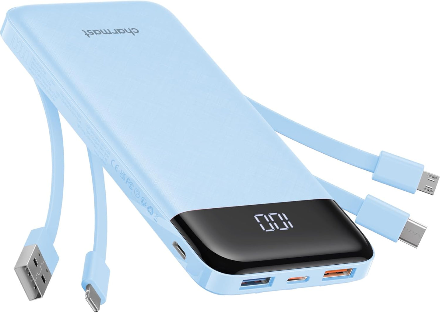 charmast Portable Charger with Reinforced Built-in 4 Cables,10000mAh Power Bank Travel Essentials 6 Outputs 3 Inputs 3A Fast Charging Compatible with iPhone iPad Samsung Google Pixel LG Moto