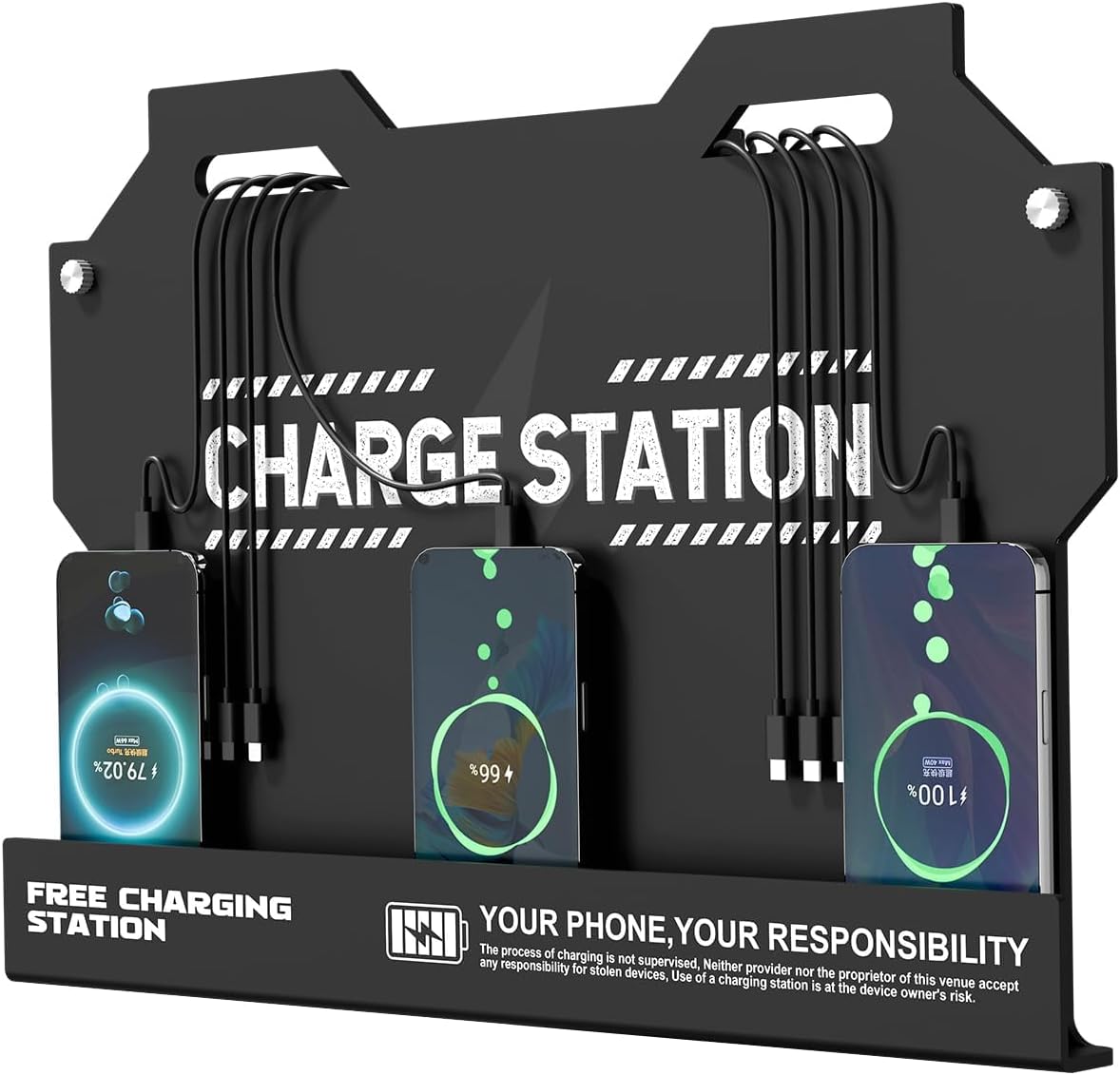 Mechanical Type Wall Mounted Charging Station with 8 PortHigh Speed Cables - Universal Dock for Apple, Type-C & Android Devices, Perfect for Airports, Hotels, Offices, School (Black)
