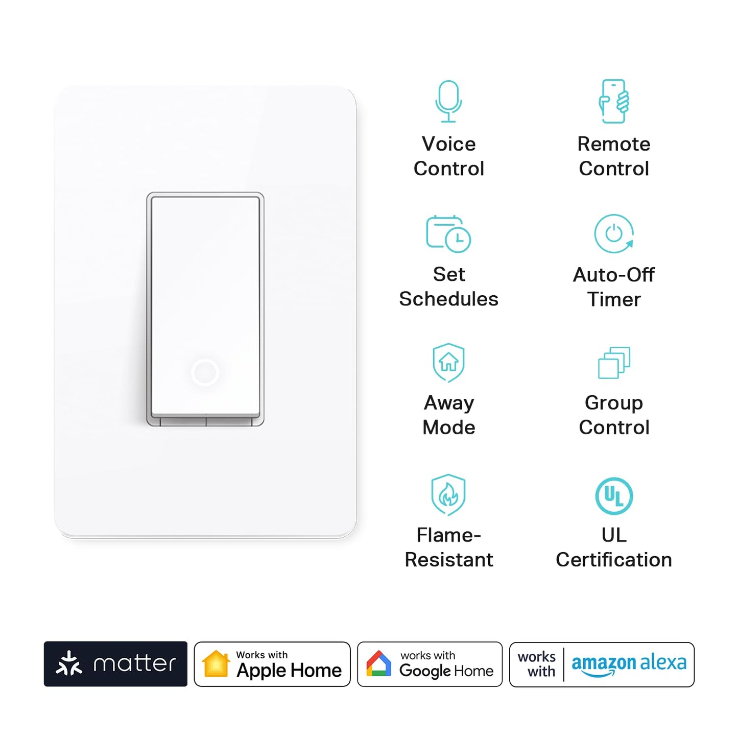 Kasa Matter Smart Light Switch: Voice Control w/Siri, Alexa & Google Assistant, UL Certified, Timer & Schedule, Easy Guided Install, Neutral Wire Required, Single Pole, 2.4GHz Wi-Fi, 3-Pack