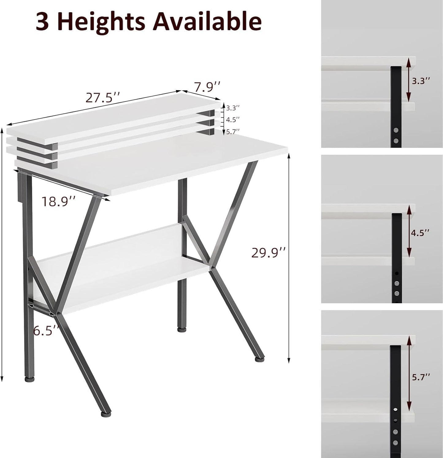 COTUBLR Small Desk, Small Computer Desk for Spaces, 27.5 Inch Computer Desk with Adjustable Monitor Stand, Compact Desk with Storage for Bedroom Home Office, White Tabletop+Black Frame