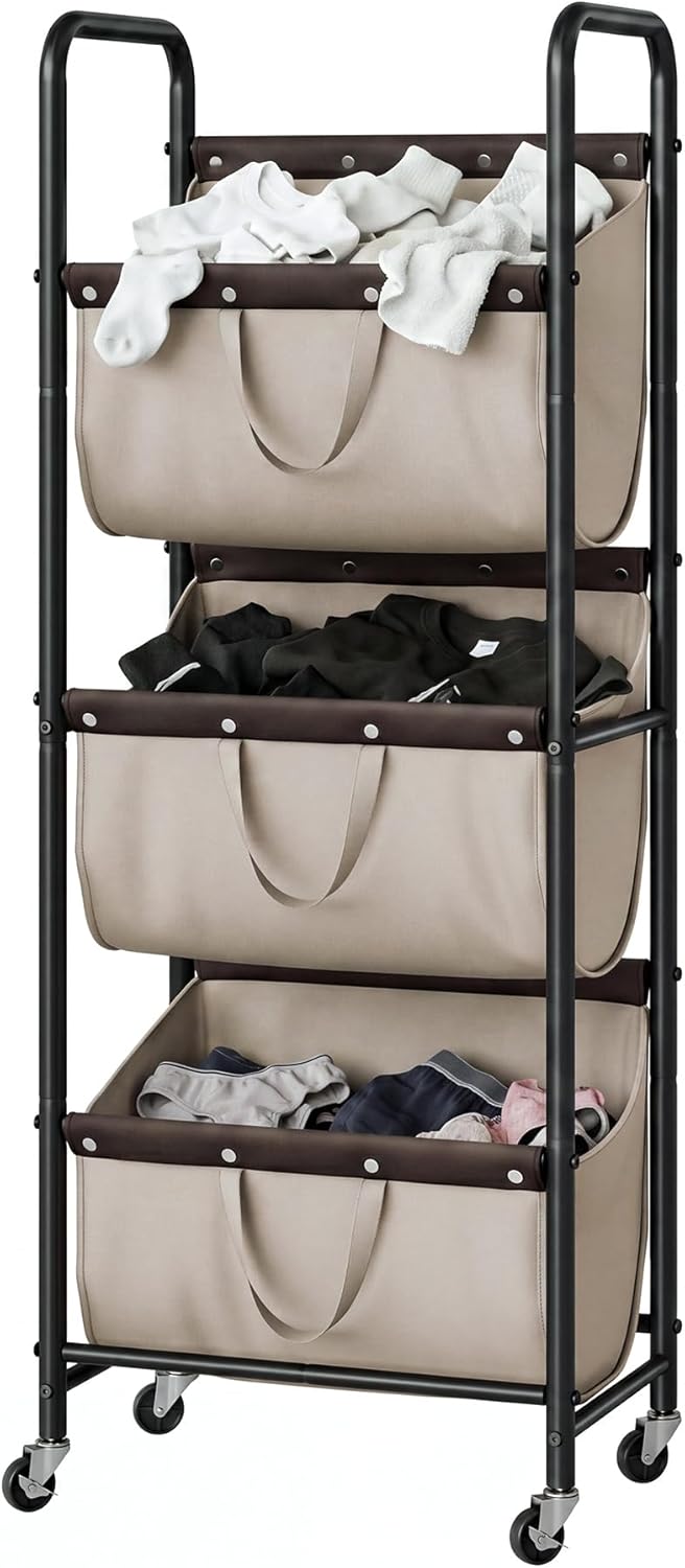 GRANNY SAYS 3 Section Tiered Laundry Sorter, Slim Vertical Laundry Hamper with Wheels, Narrow Rolling Laundry Cart with Removable Bags for Laundry Room, Bathroom, Closet, Dorm, Light Khaki