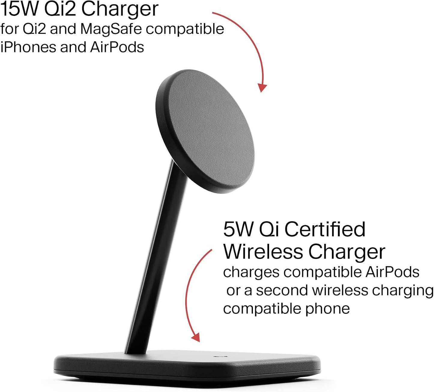 Twelve South HiRise 2 Deluxe 2-in-1 Wireless Charging Station, Black | The Qi2 magnetic arm delivers 15W to your iPhone while the 5W base tops up AirPods Pro; tilts 70 degrees for StandBy mode.