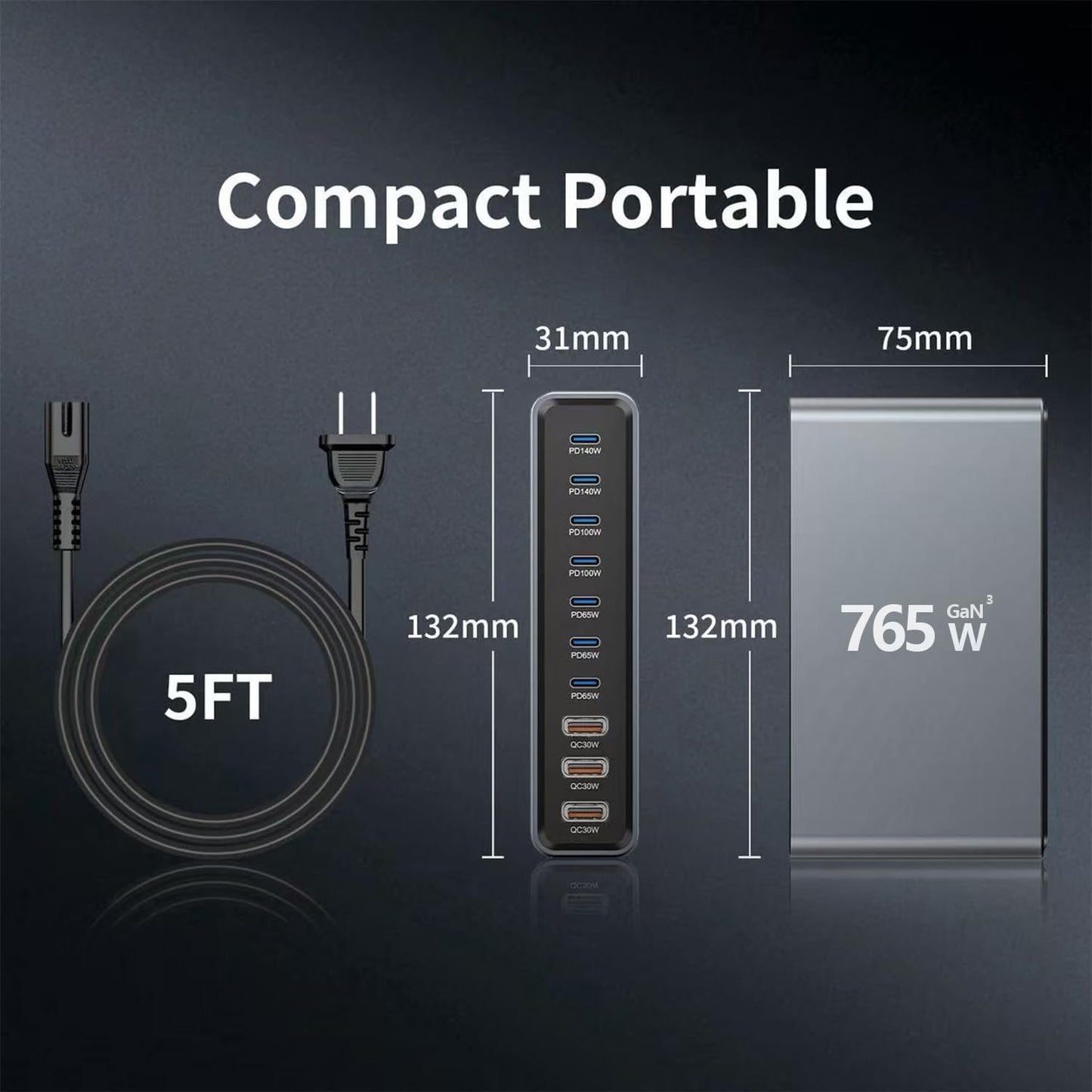 765W 10-Port GaN 3 Desktop Charging Station for Phones, Tablets, Laptops, Smartwatches & Earphones - Home, Office & Travel Compatible