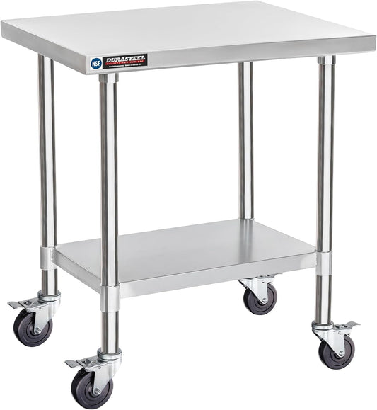 DuraSteel 30x24 NSF Stainless Steel Cart Work Table - Heavy Duty Rolling Food Prep Table - Metal Utility Cart on Wheels Caster, Grill Stand Microwave Outdoor Kitchen Tables Countertop Island Large Top