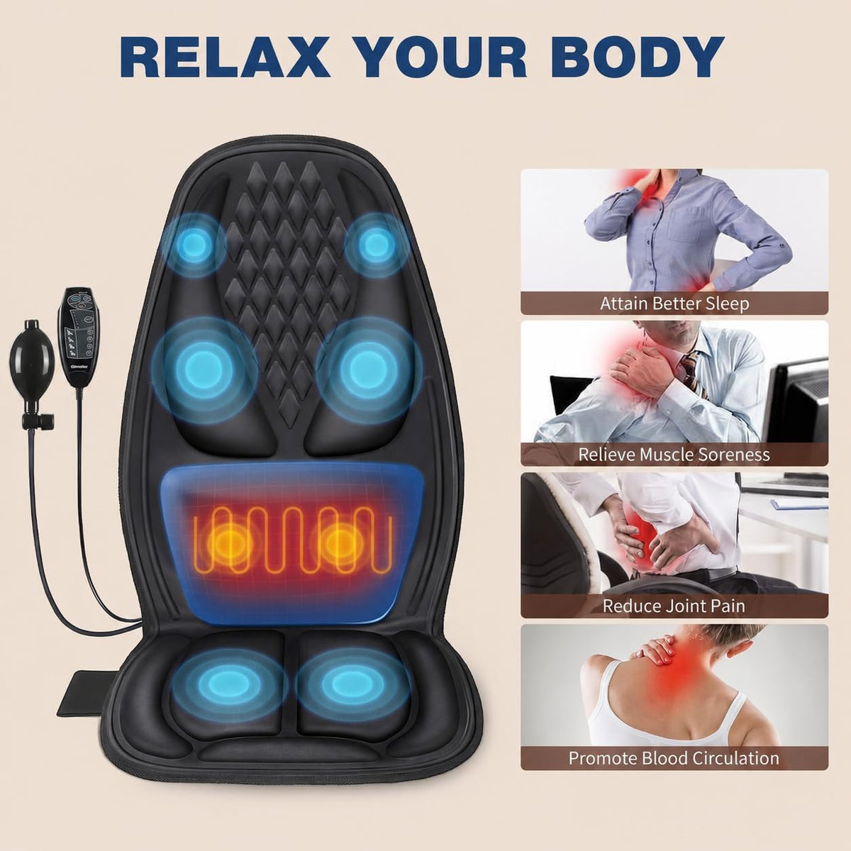 Vibration Massage Seat Cushion with Heat, 8-Motor Chair Massager Pad with Manual Adjustable Lumbar Support, 9 Modes, 3 Intensities and 20-Min Auto Shut-Off for Office Chair, Sofa and Recliner