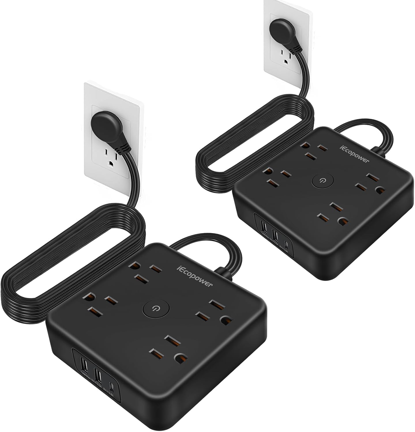 2 Pack Ultra Flat Plug Power Strip,Power Strips with Surge Protection-4 Widely Outlets,6 ft Flat Plug Extension Cord with 3 USB Ports(1 USB C Port),Slim Desk Charging Station,Black