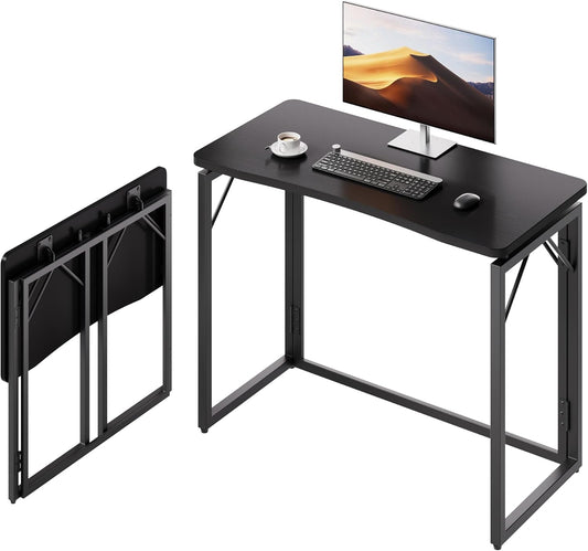 JOYMOOP Black 31.5" Folding Desk, No Assembly Small Foldable Desk for Home, Office, Wooden Top Folding Computer Desk for Working, Writing, Studying