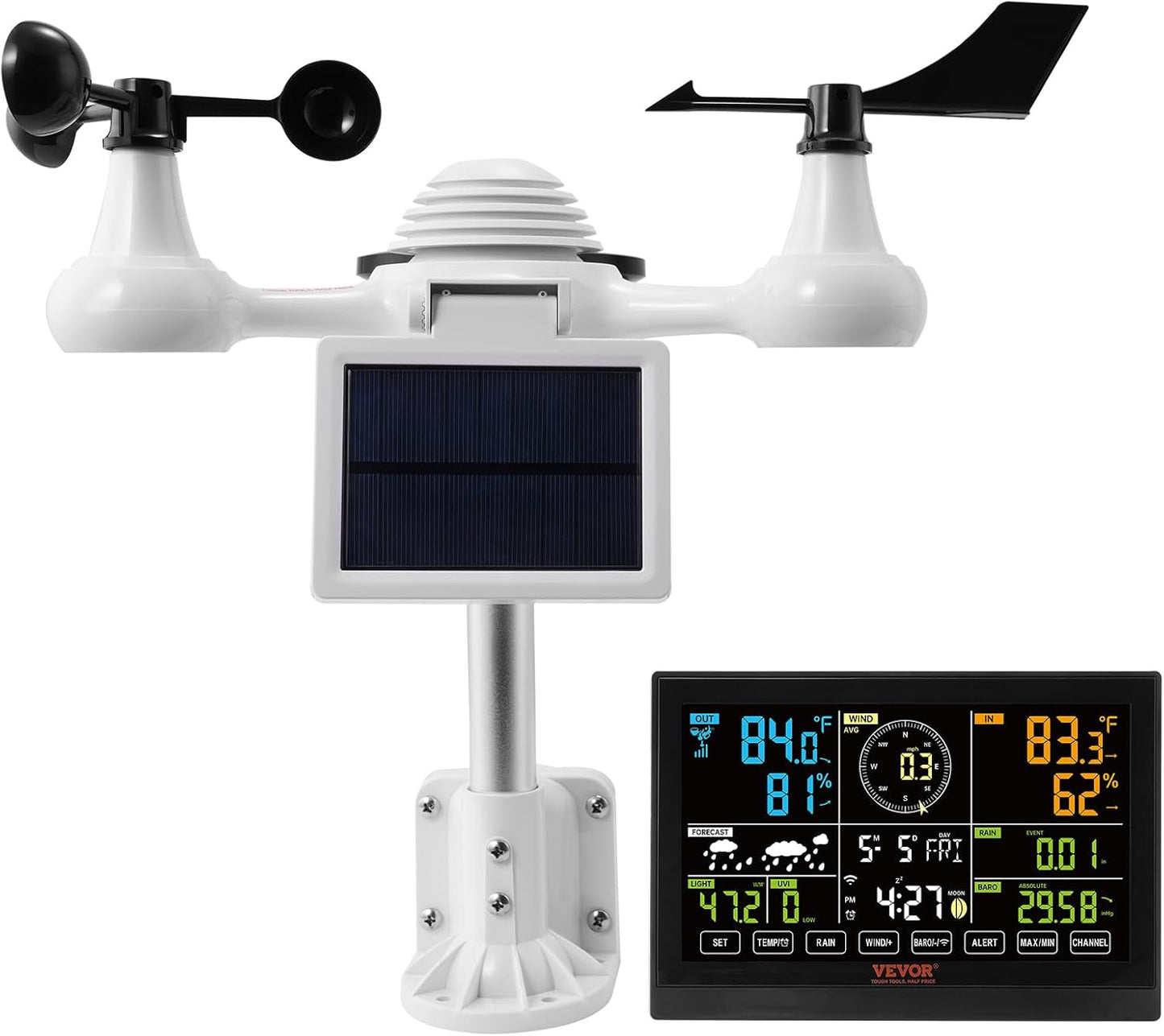 VEVOR YT60234 WiFi Weather Station 7-in-1, Weather Stations WiFi Indoor Outdoor, 7.5" Color Display for Weather Forecast, Temperature, Humidity, UV, Air Pressure, Wind Speed&Direction, Rain, Alarm