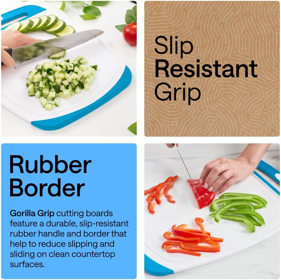GORILLA GRIP BPA-Free Reversible Kitchen Cutting Board Set of 3, US Designed, Nonporous, Juice Grooves Catch Liquid, Slip Resistant Border, Dishwasher Safe, Durable Large Food Chopping Boards, Aqua