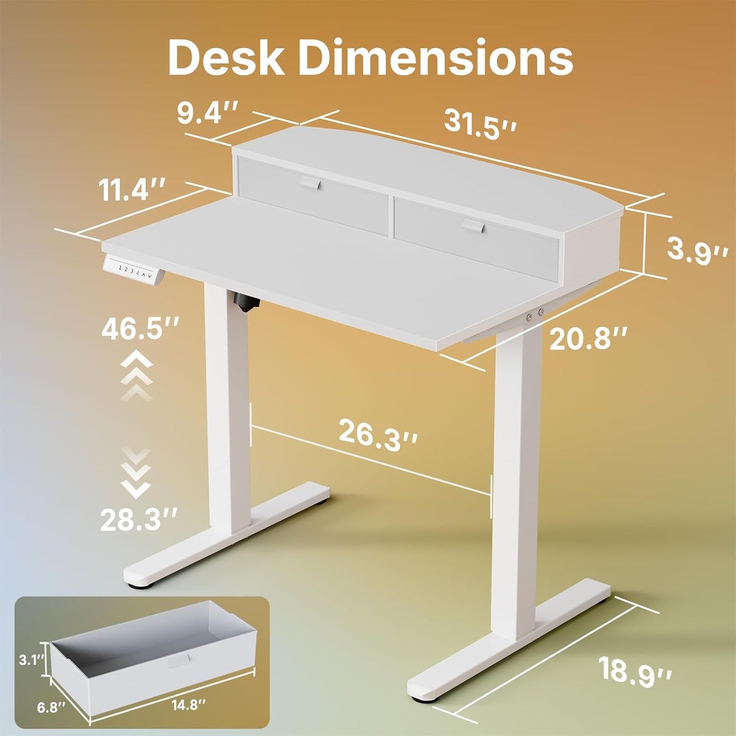HUANUO 32 x 21 inch Small Electric Standing Desk with 2 Drawers, C-Clamp Mount Compatible, Height Adjustable Sit Stand Desk, Home Office Stand Up Desk with 4 Memory Height Settings, White