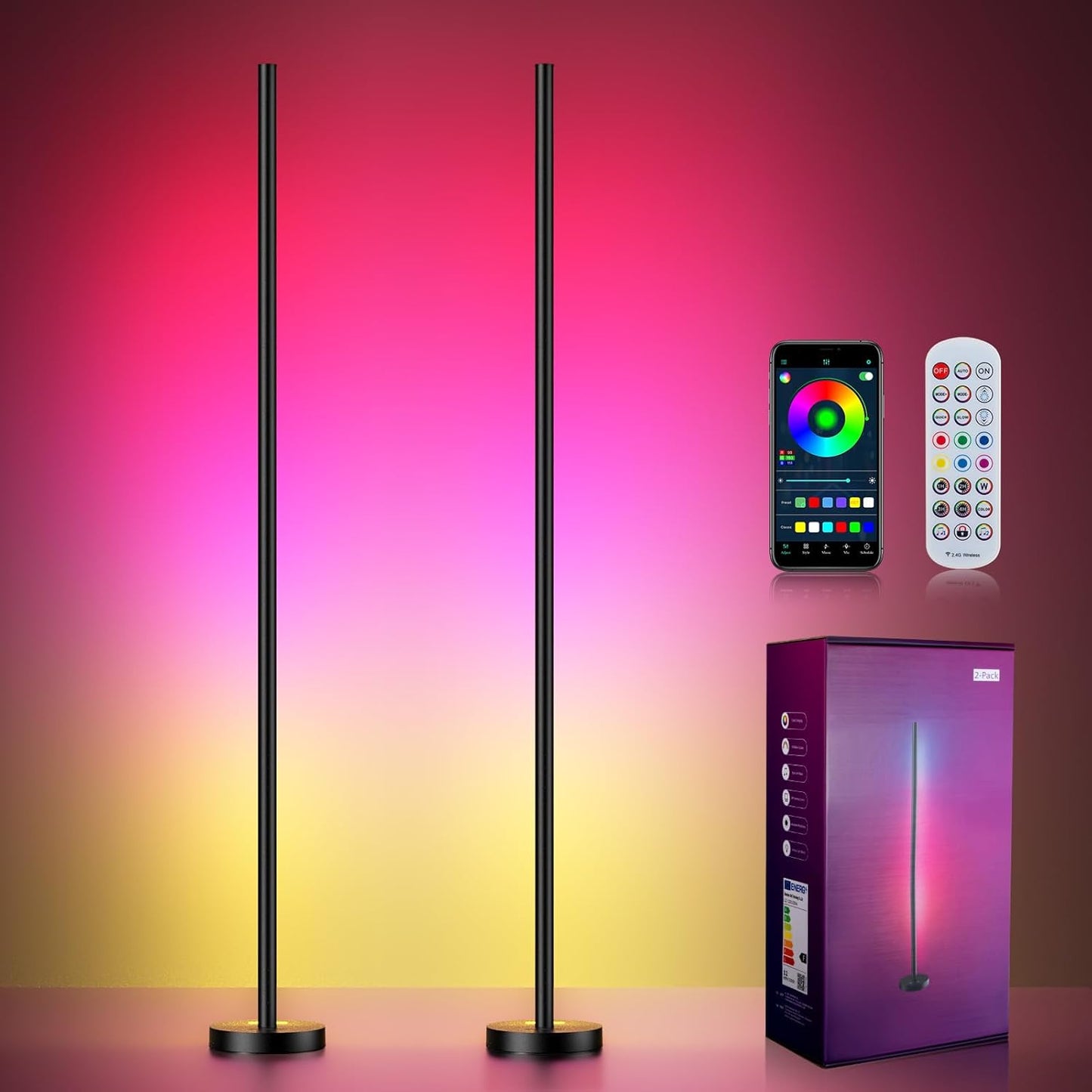 OIYN Smart RGBICW LED Corner Floor Lamp 2 Pack - 16 Million DIY Colors, 68+ Scenes, Music Sync, App & Remote Control, Color-Changing Ambient Lighting for Living Rooms, Bedrooms, and Gaming Rooms