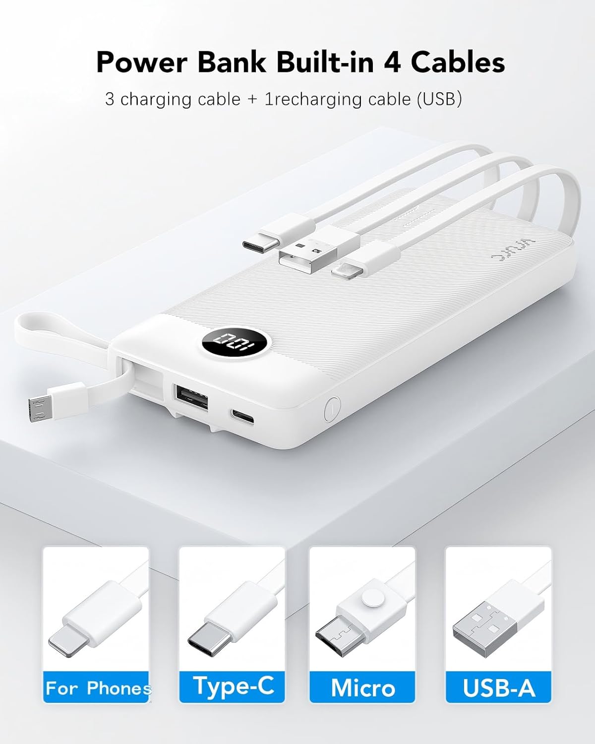 VRURC Portable Charger Built in Cables, Slim Power Bank 10000mAh, Multi Devices Charging Bank with Lanyard, USB C Battery Pack 5 Outputs for for All Cell Phones Devices, Samsung,Android-White(1 Pack)