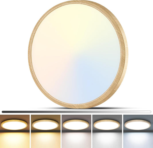 zemty 1Pack 12 inch Faux Wood LED Flush Mount Ceiling Lights, Dimmable 5 Color Temp (3000K-6500K), 24W 2400LM Bright Round Light Fixture for Livingroom Bedroom Diningroom Kitchen