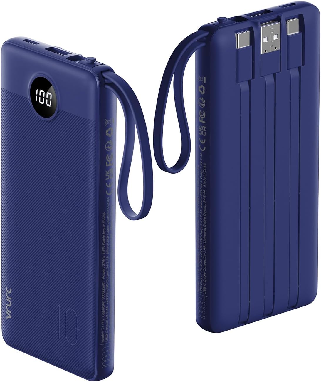 VRURC Portable Charger, Built in 4 Cables & Lanyard Power Bank 10000mAh, Compact USB C Phone Charging Bank 5 Outputs for Multi Devices,Travel Essential for Hiking Camping Business-Navy(1 Pack)