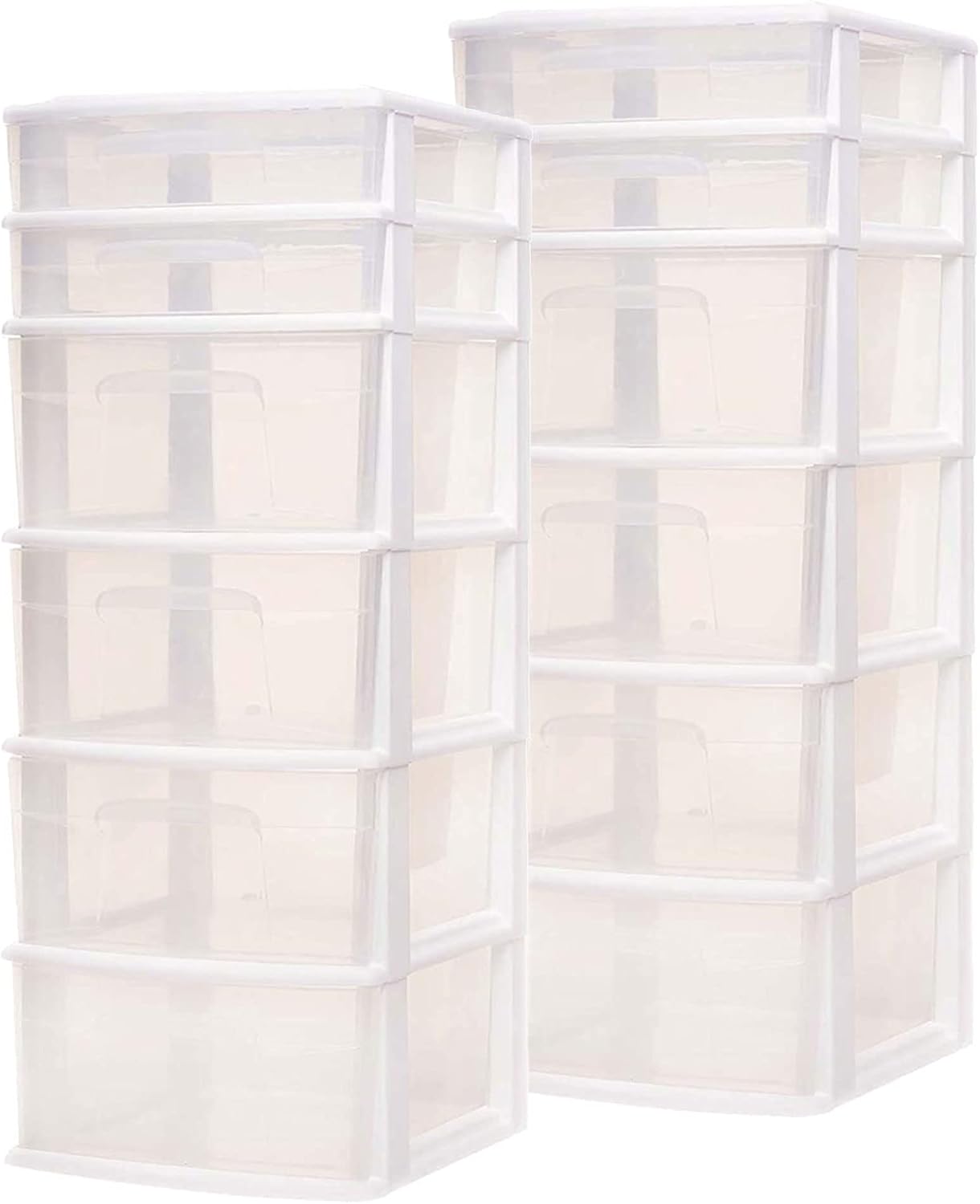 HOMZ 2-Pack Drawer Tower, 6-Tier Clear Plastic Storage Organizer Cart, White Frame - Heavy-Duty Organizing Drawers for Home, Bedroom, and Closet Organization