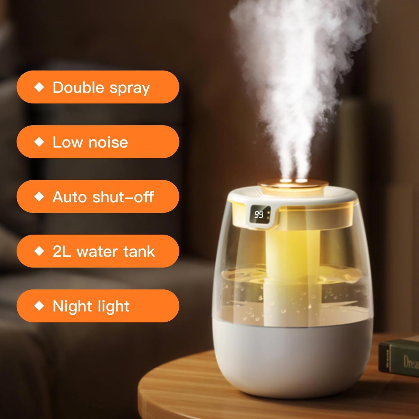 Double Spray Air Humidifier for Bedroom, 2L Quiet Cool Mist Humidifier for Plants Dorm Room Office Home Car Personal Humidificador with Digital Display 3 Mist Modes & Night Light