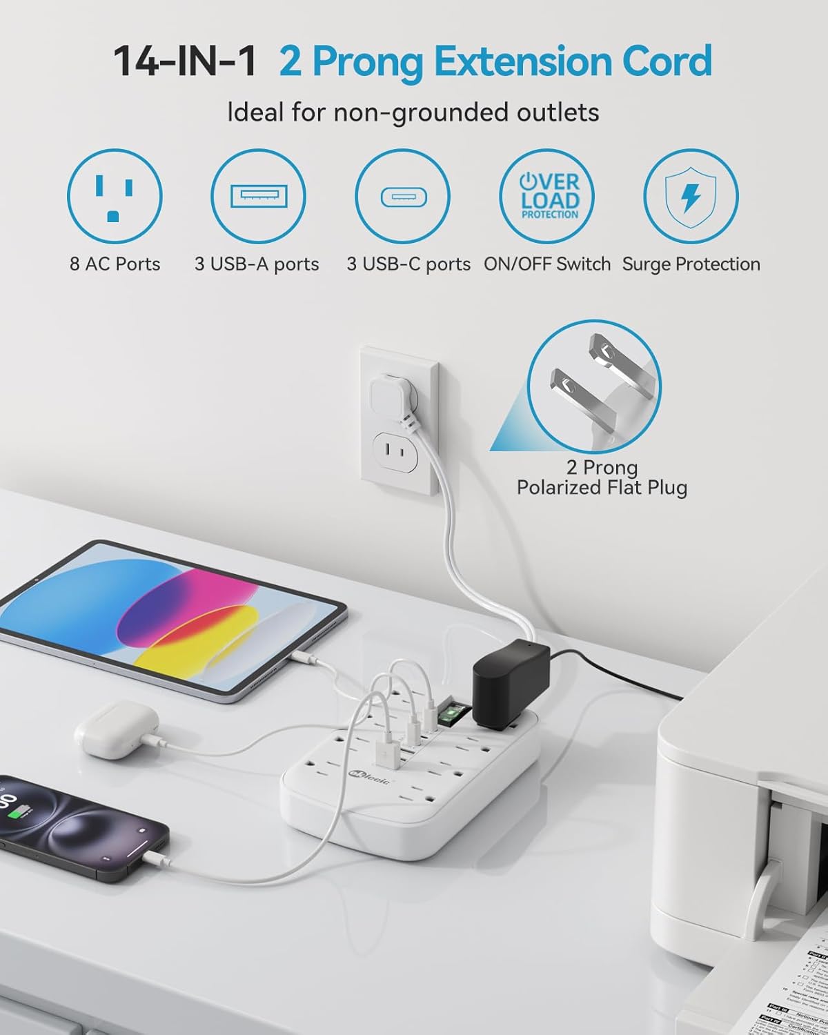 Short Extension Cord 1 ft - 2 Prong Power Strip 1700J Appliance Surge Protetor with 15A 8 Outlets 6 USB (5V/4.8A 24W) Charging Ports, Multi Plug Wall Outlet Extender for Home Office Dorm Roomc, White