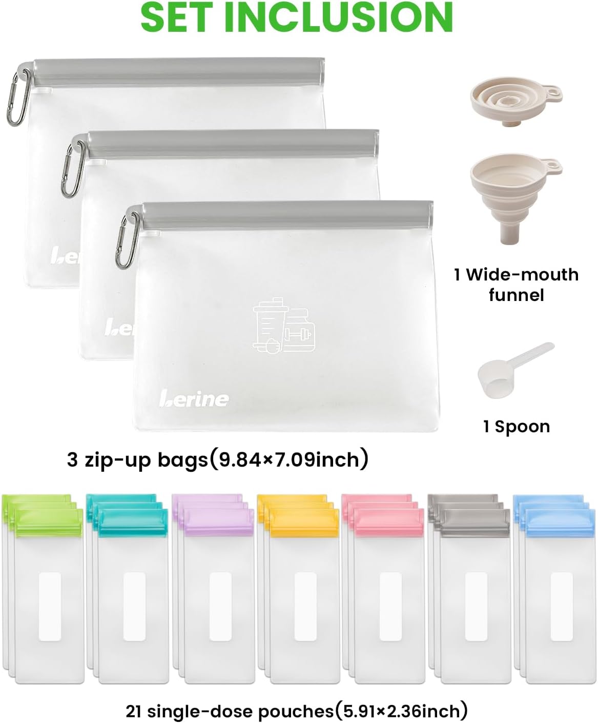 Lerine Protein Powder Travel Container Set, Reusable Protein Powder Container To Go, 21Pcs Single Dose Bags & 3Pcs Large Zip Bags, Portable Supplement Storage Containers with Funnel, Spoon