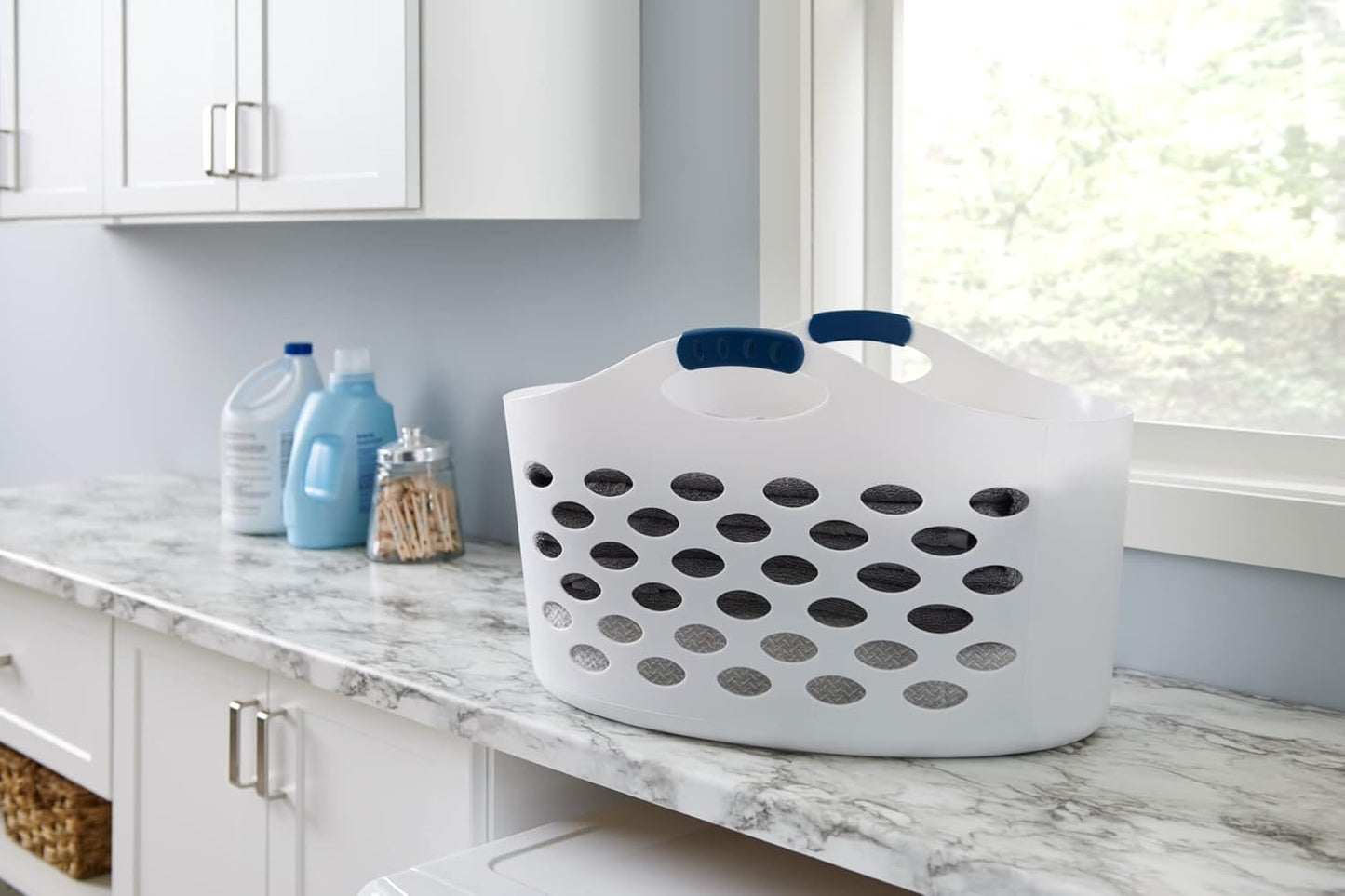 Rubbermaid 1.5 Bushel Capacity Durable Versatile Flex N Carry Portable Flexible Laundry Basket With Convenient Carrying Handles, White, Organization and Storage for Laundry/Garage/Home
