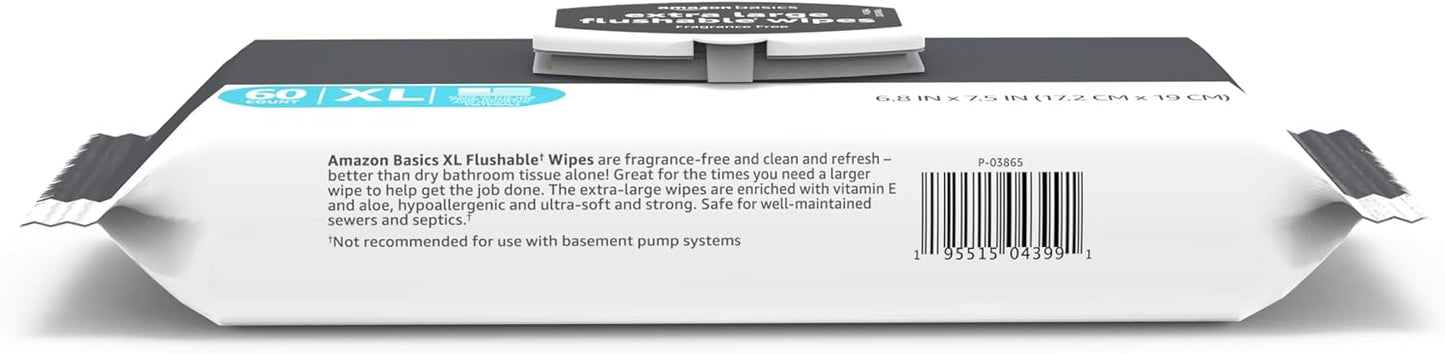Amazon Basics Extra Large Flushable Wipes, Fragrance Free, pH Balanced, with Vitamin E & Aloe, Hypoallergenic, 360 Wipes, 6 Packs of 60, Resealable Closure