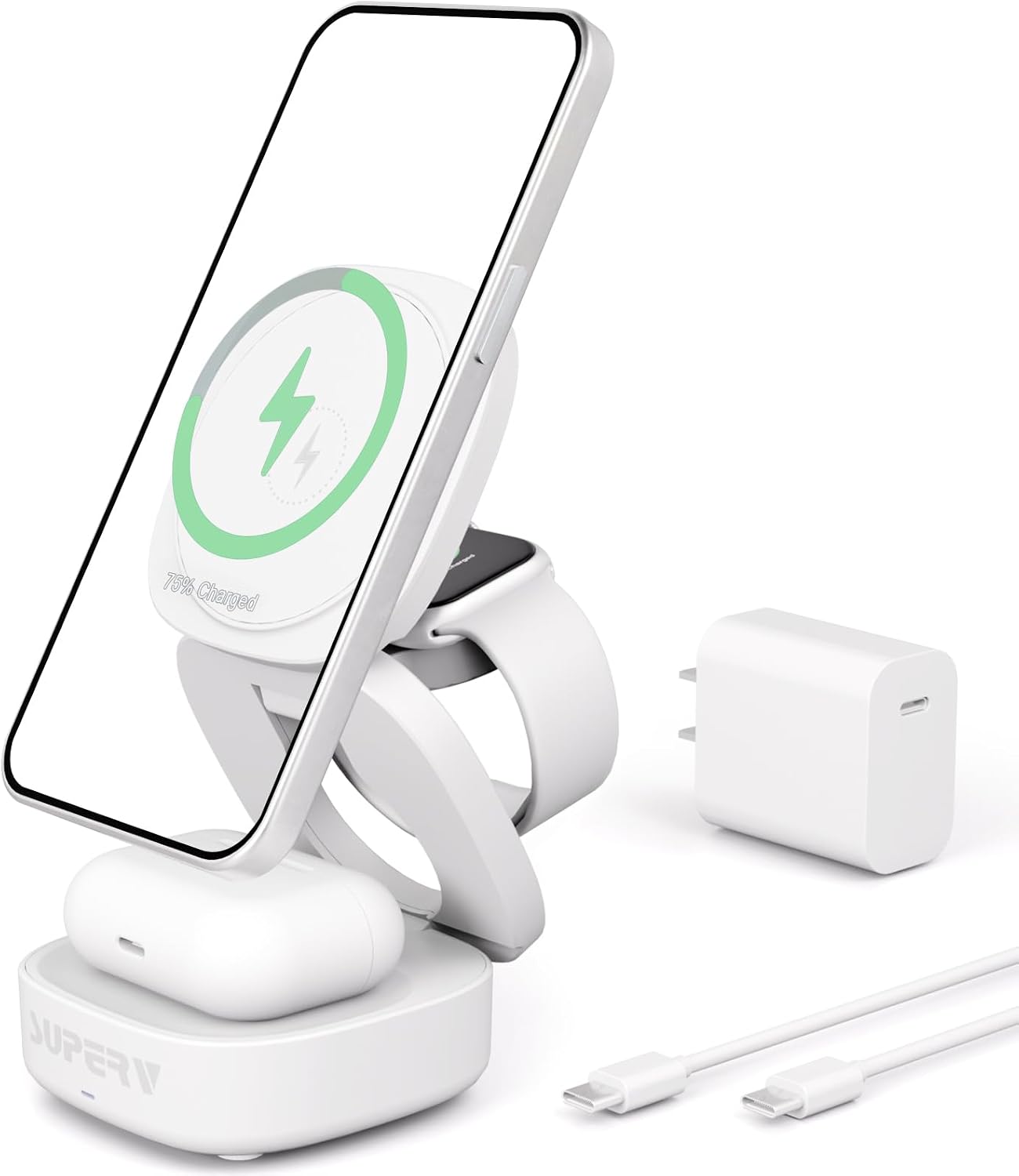 SUPERV 3-in-1 Wireless Charging Station: Charger Stand for Multiple Devices for Apple - iPhone 17/16/15/14/13/12 Series, Apple Watch, Airpods, Portable Travel Charging Station (Black)