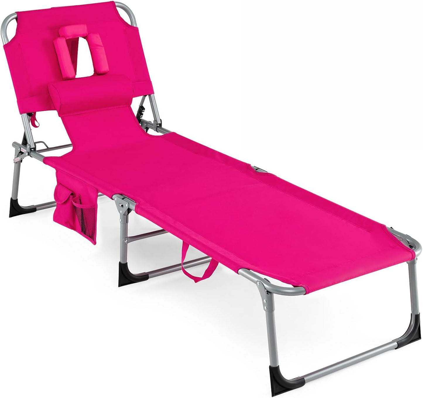 COSTWAY Tanning Chair with Face Hole, Folding Beach Lounge Chair with 4-Position Adjustable Backrest, Pillow & Side Pocket, Foldable Chaise Lounge Chair Outdoor for Sunbathing, Camping (1, Pink)
