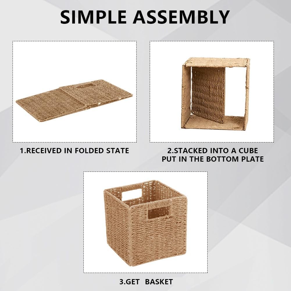 6 Pack 8.7 Inch Wicker Baskets, Hand Paper Rope Storage Baskets | Foldable Cube Storage Bins Organizer Square Wicker Cubes for Shelves Pantry Organizing & Decor