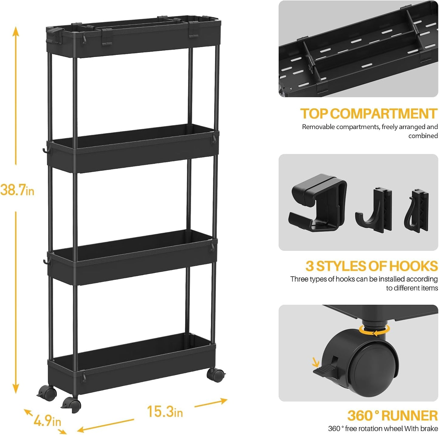 SPACELEAD Slim Storage Cart 4 Tier,Bathroom Organizer Rolling Utility,Mobile Shelving Unit Slide Out for Office, Kitchen, Laundry Room & Narrow Places,Black