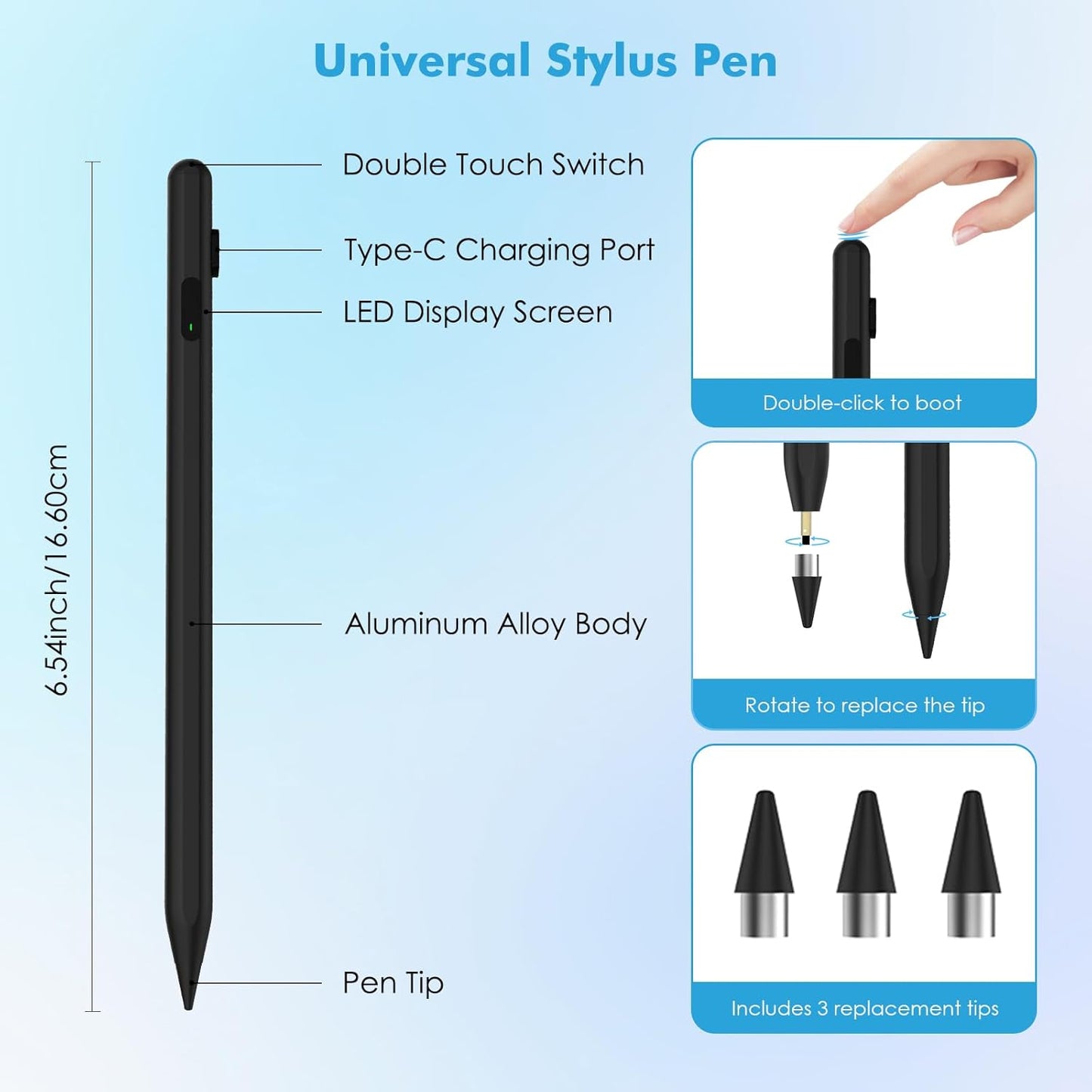 MoKo Stylus Pen for Touch Screen, Active Universal Stylus Pen Compatible with iPad/iPhone/Samsung/Tablet Devices and Other iOS/Android Smartphone, Tablet Pen with Power Display, Black