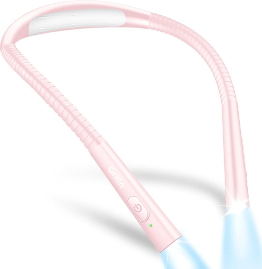 Gritin Book Light, Eye Caring 4-Color & 5-Brightness Neck Light Reading Light- Stepless Dimming,30-min Timer,80+ Hrs Runtime,Bendable Round Neck Design, Lightweight for Reading-Pink