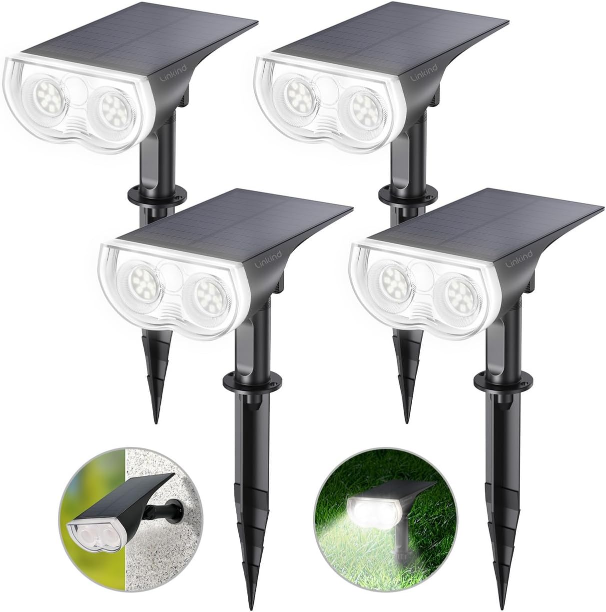 Linkind Solar Lights Outdoor Waterproof IP65, StarRay Dusk-to-Dawn Outdoor Solar Lights, 3 Lighting Modes Solar Spot Lights Outdoor for Garden, Yard, Landscape (Daylight, 4 Pack)