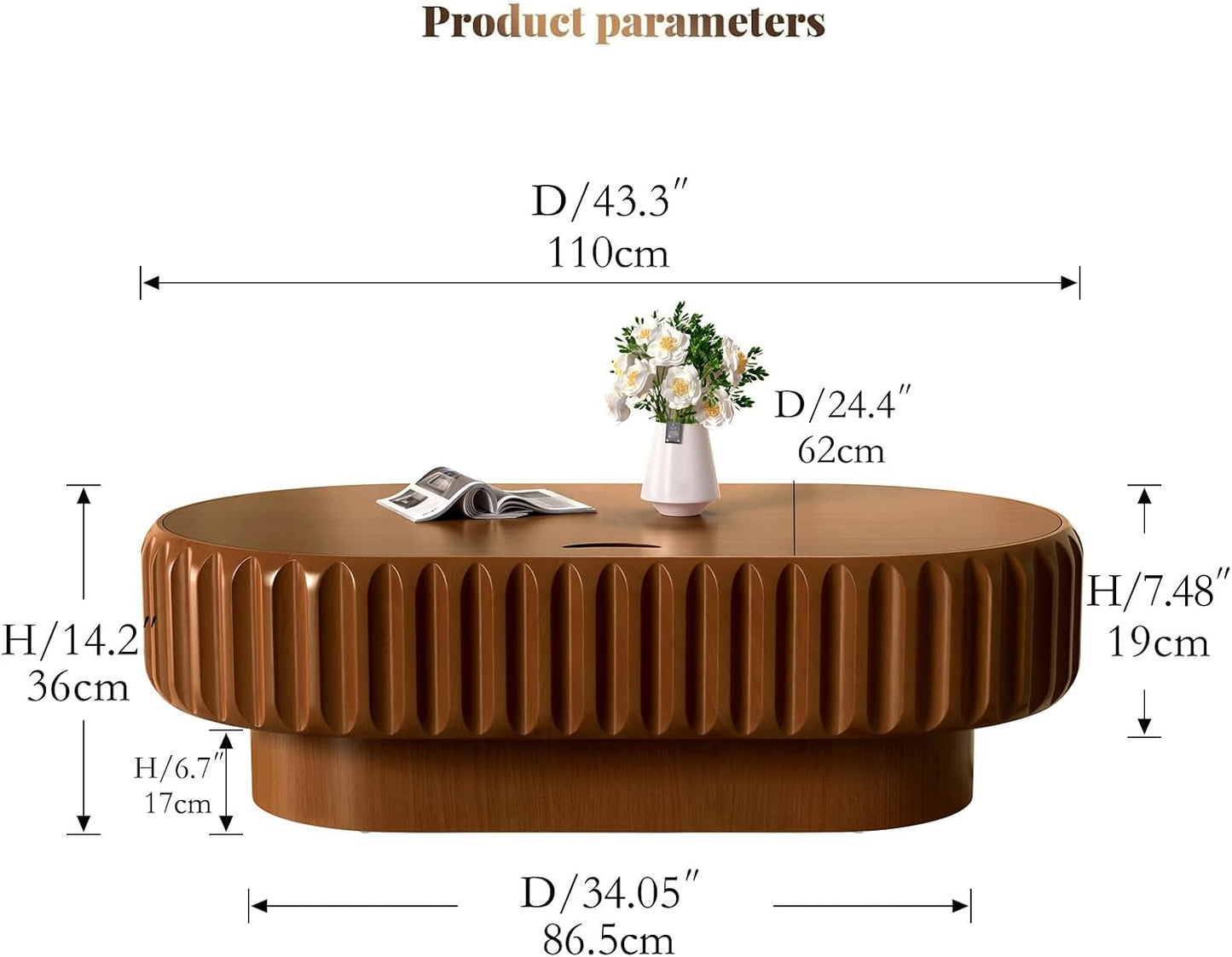 43.3 Inch Oval Drum Coffee Table with Storage (A Brown 43.3 in) | Handcraft Fluted Modern Wooden Cocktail Table, Sturdy Pedestal, Oval Center Table for Living Room, Apartment Organization