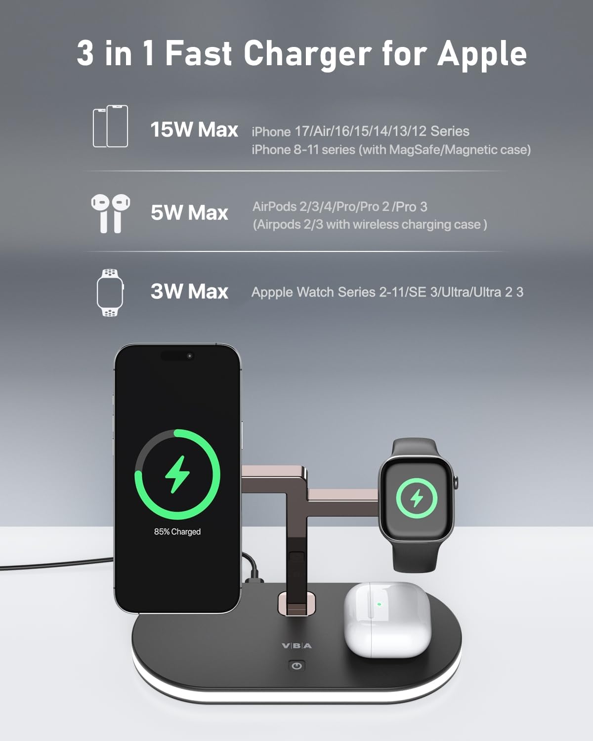 VBA 4 in 1 Wireless Charging Station for Apple MagSafe Charger,Fast Charging Magnetic Wireless Charger Stand with Night Light for iPhone 17 Air 16 15 14 13 12 Series,Apple Watch,AirPods Pro (Black)