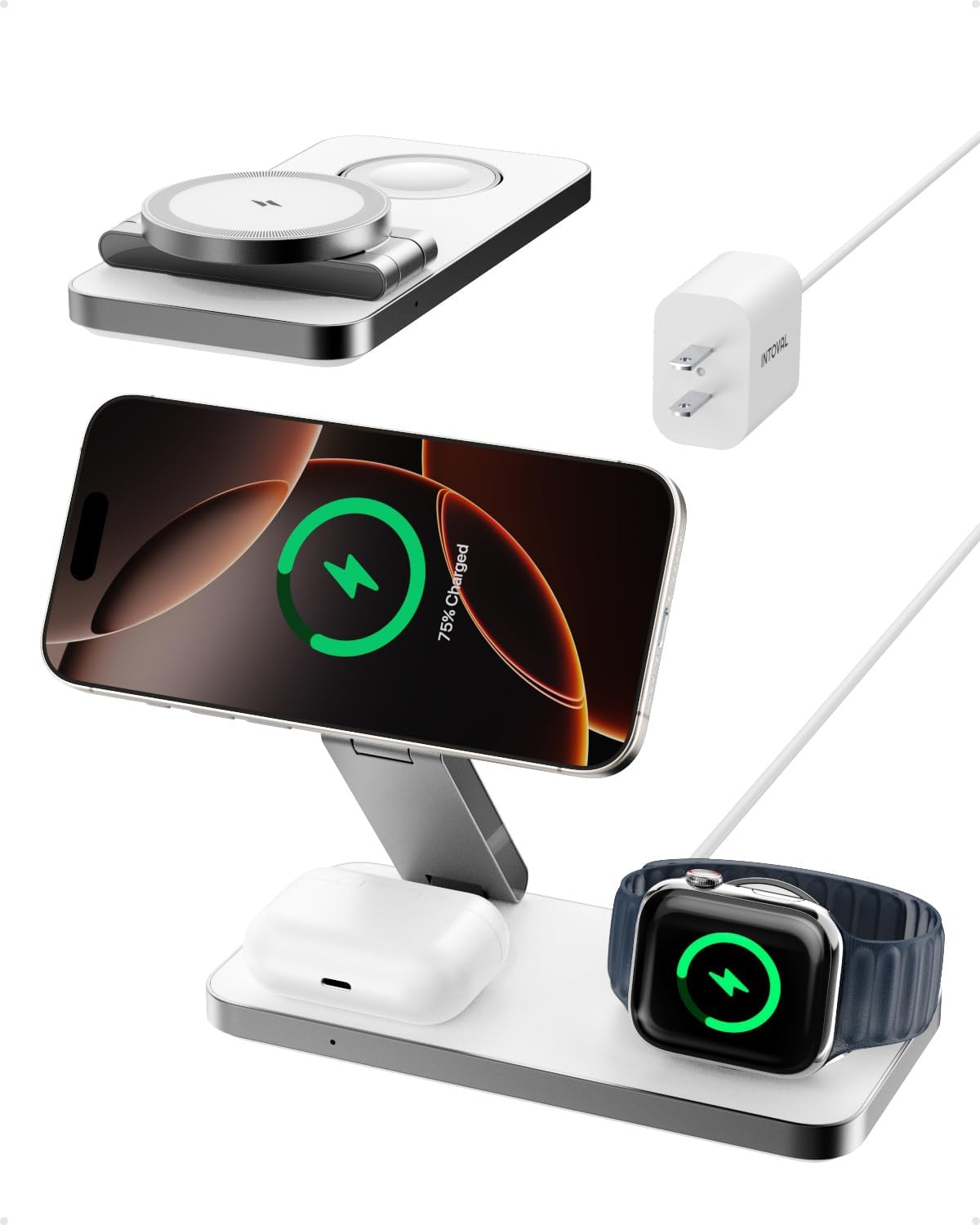 Intoval 3-in-1 Foldable Wireless Charging Station, Qi2 Certified 15W Ultra Fast Wireless Charger for Magsafe, Magnetic Charger Stand for iPhone 17/16/15/14/13/12, Apple Watch & AirPods.(Black)
