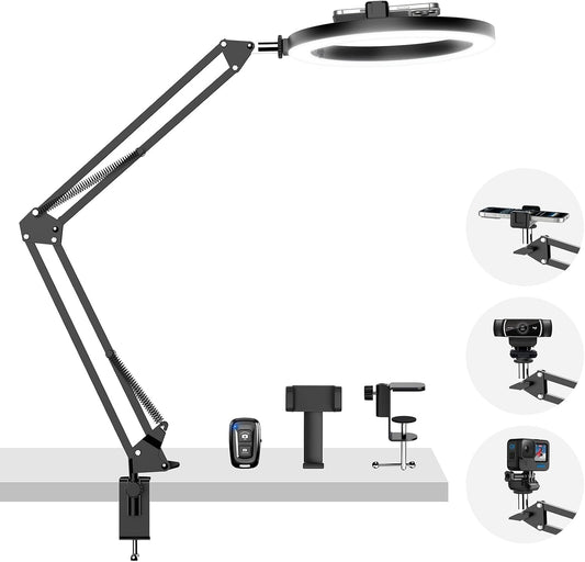 Upgrade 18W Ring Light Overhead Camera Phone Mount for Desk with Adapter, LED Selfie Light with Stand and Phone Holder, Desk Tripod for Video Recording, YouTube, TikTok, Live Stream, Painting