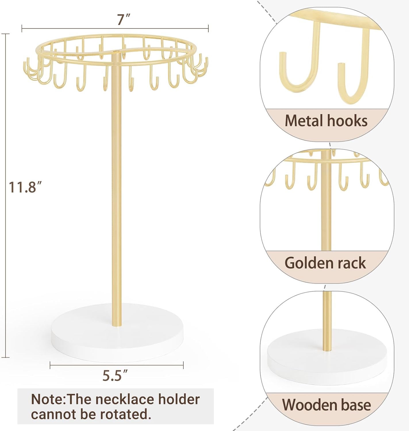 Mkono Necklace Holder Metal Jewelry Display Stand Necklace Organizer with 22 Hooks for Storage and Hanging Bracelet Keychain Home Room Decor for Women,Gold