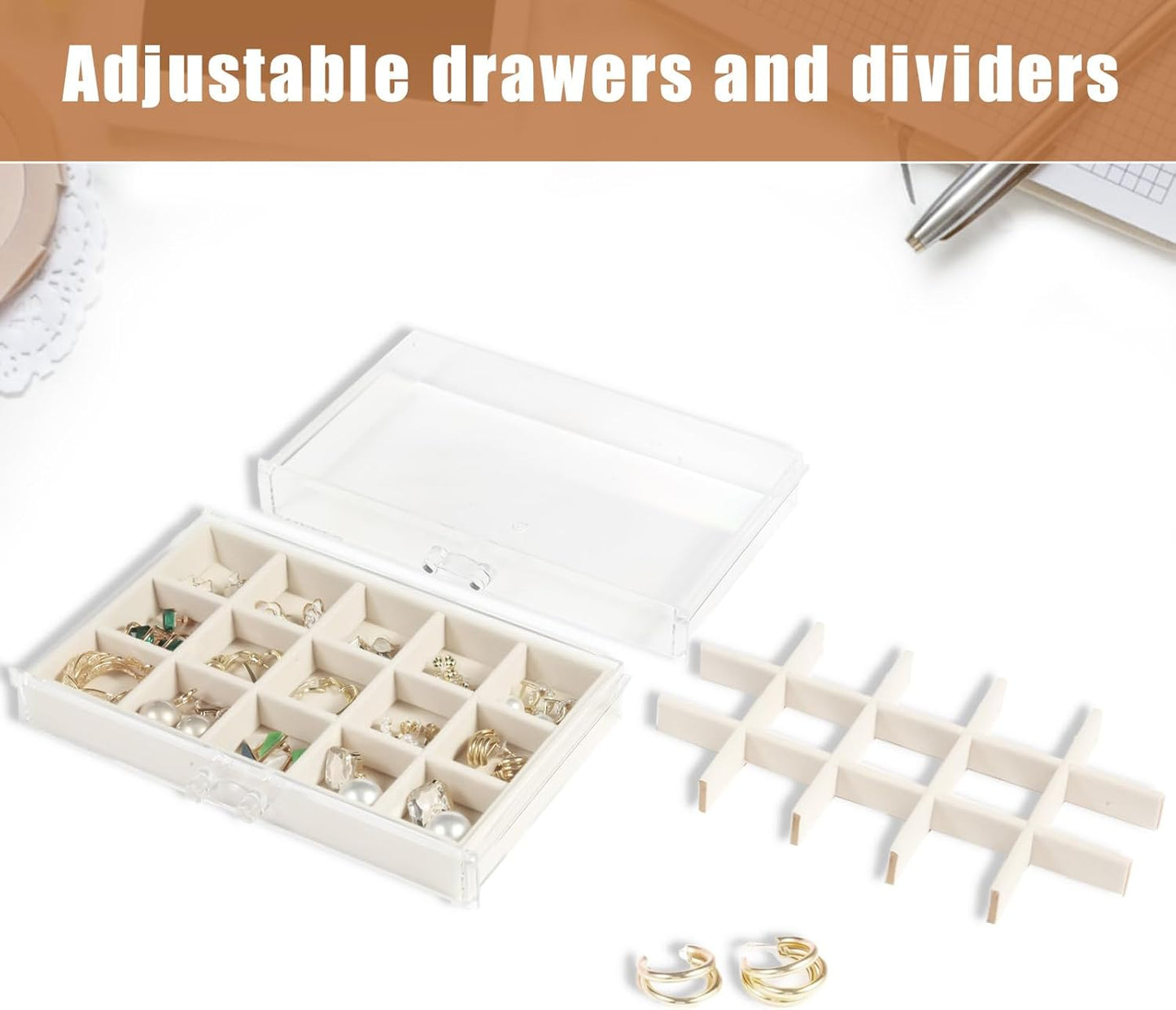 GUOER 5 Drawers Clear Jewelry Box for Women and Girls, Acrylic Earring Holder Organizer Ring Holder Display Storage, Mother's Day Warm White