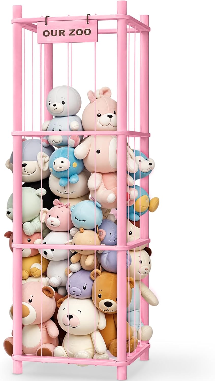 Woodure Stuffed Animal Storage & Organizer, Wooden Cute Zoo Toy Holder for Toddler Rooms, Playrooms & Bedrooms（White）