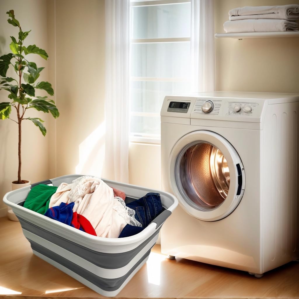 SAMMART Set of 2 Collapsible Plastic Laundry Basket - Foldable Pop Up Storage Container/Organizer - Portable Washing Tub - Space Saving Hamper/Basket (Grey/Steel Grey, 42L)