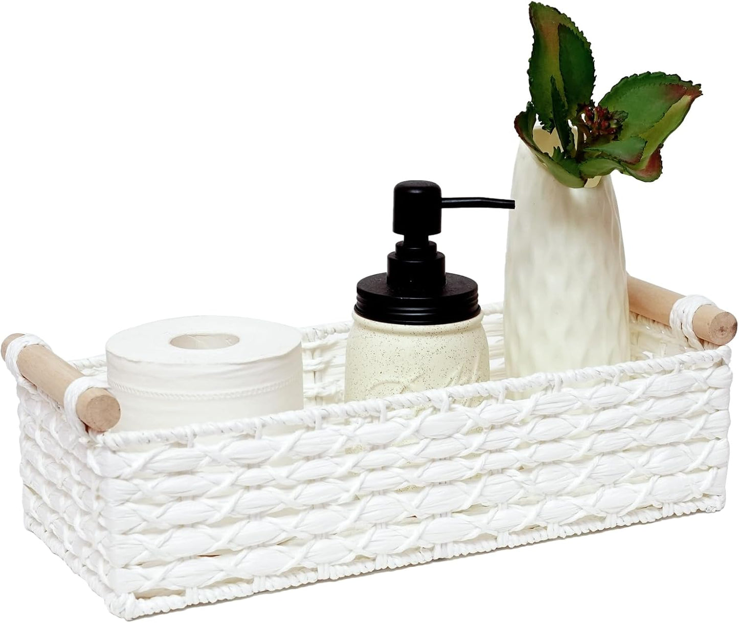 Round Paper Rope Storage Basket Wicker for Organizing with Handle, Decorative Bins Countertop Toilet Paper for Tank Top Small Set, Brown