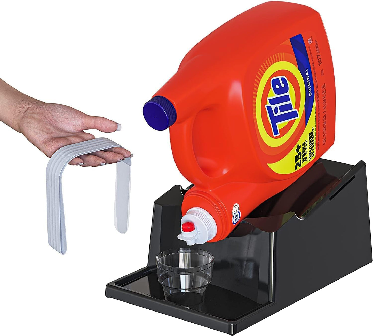 TidyFriend Liquid Laundry Detergent Holder Stand with Drip Tray & Rubber-Grip Feet, Stand for Laundry Room Organization and Storage, Fabric Softener Dispenser with Cup Holder (Black with Print)