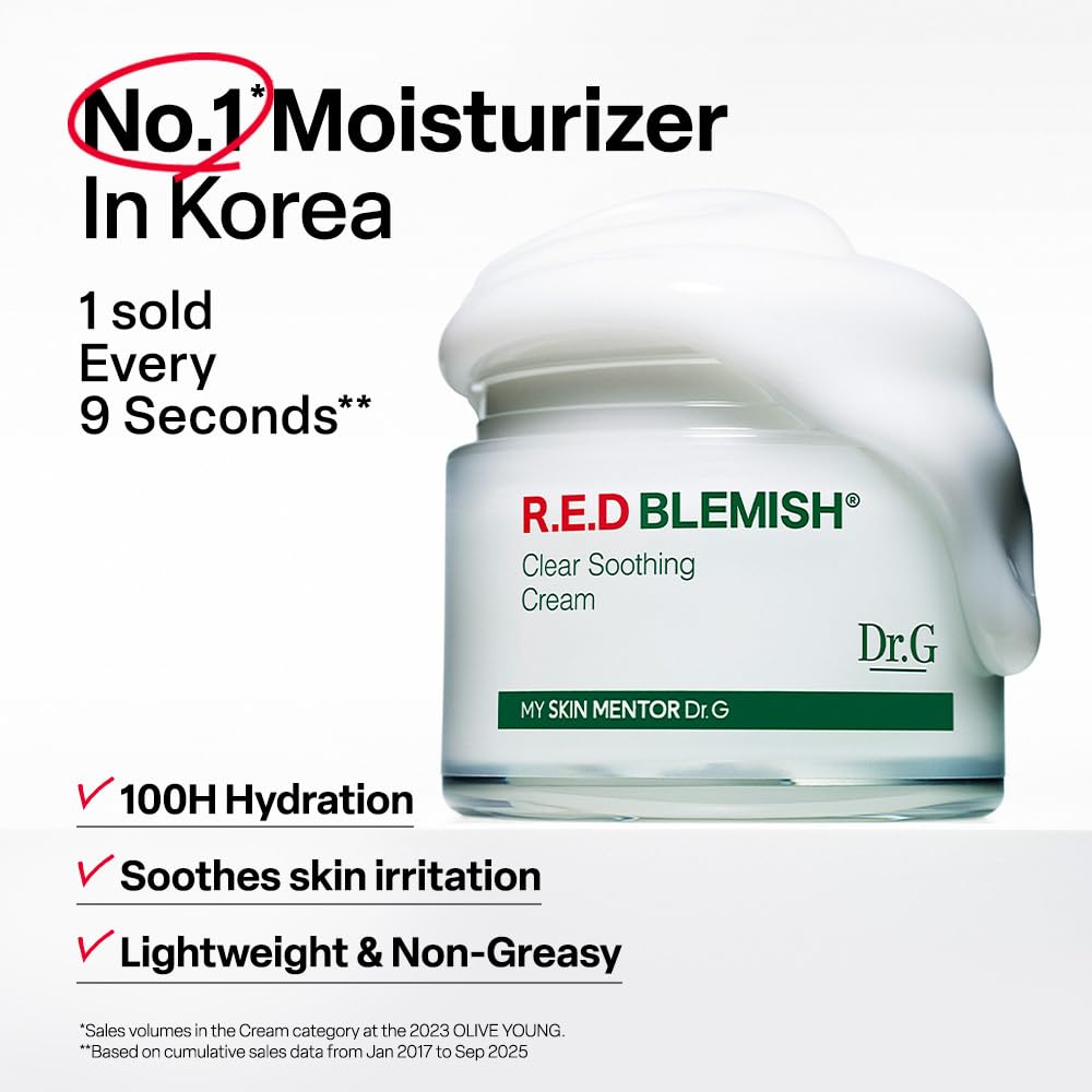 Dr. G R.E.D. Blemish Clear Soothing Cream - Calming Korean Moisturizer for Redness - Soothes Acne & Irritation - With Centella Asiatica - Long-Lasting Hydration - 2.36 fl oz
