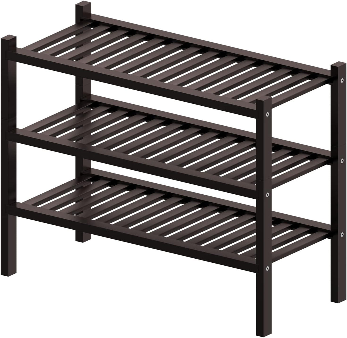 ROMGUAR CRAFT 3 Tier (Thick) Bamboo Shoe Rack for Closet Free Standing Wood Shoe Shelf for Entryway Small Space Stackable 27"x12"x21" (Black Brown)