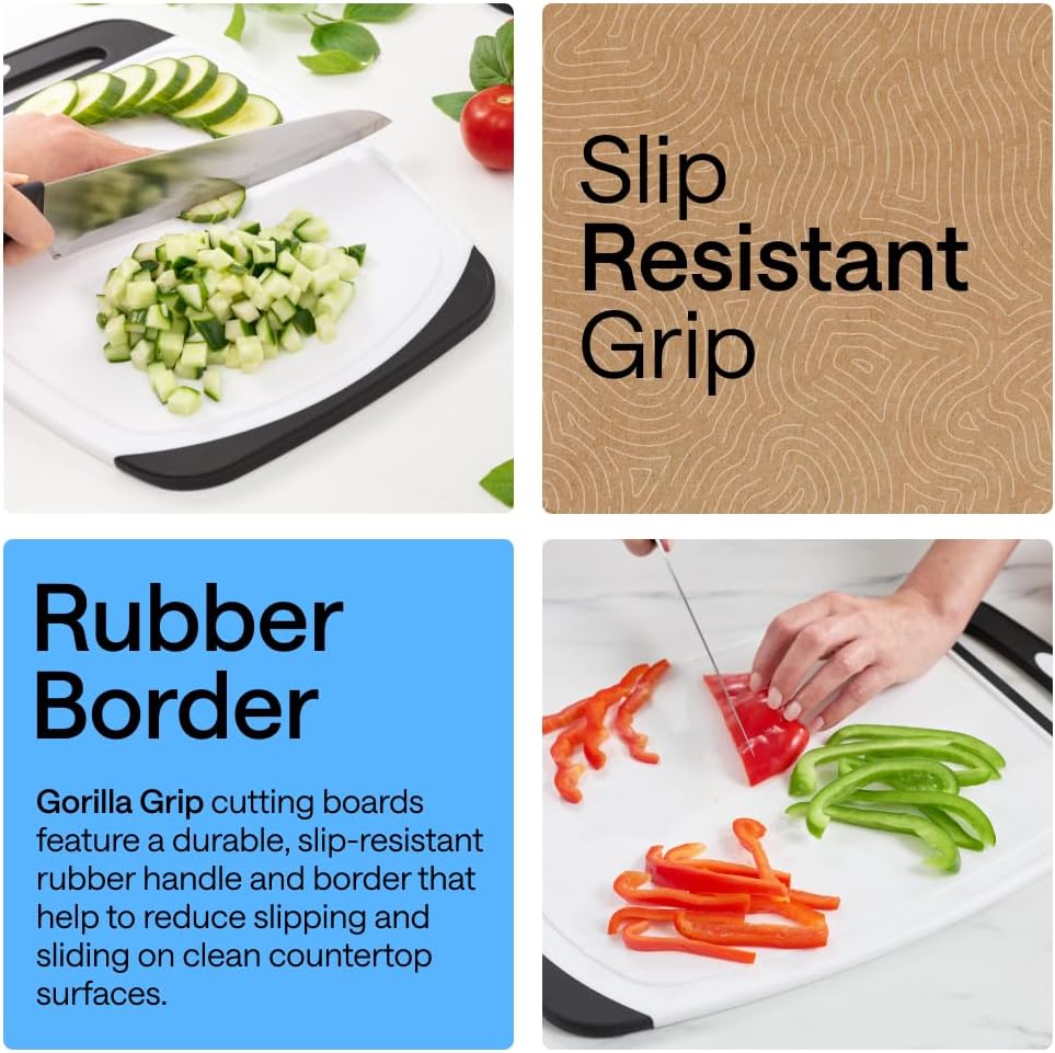 GORILLA GRIP BPA-Free Reversible Kitchen Cutting Board Set of 3, US Designed, Nonporous, Juice Grooves Catch Liquid, Slip Resistant Border, Dishwasher Safe, Durable Large Food Chopping Boards, Black