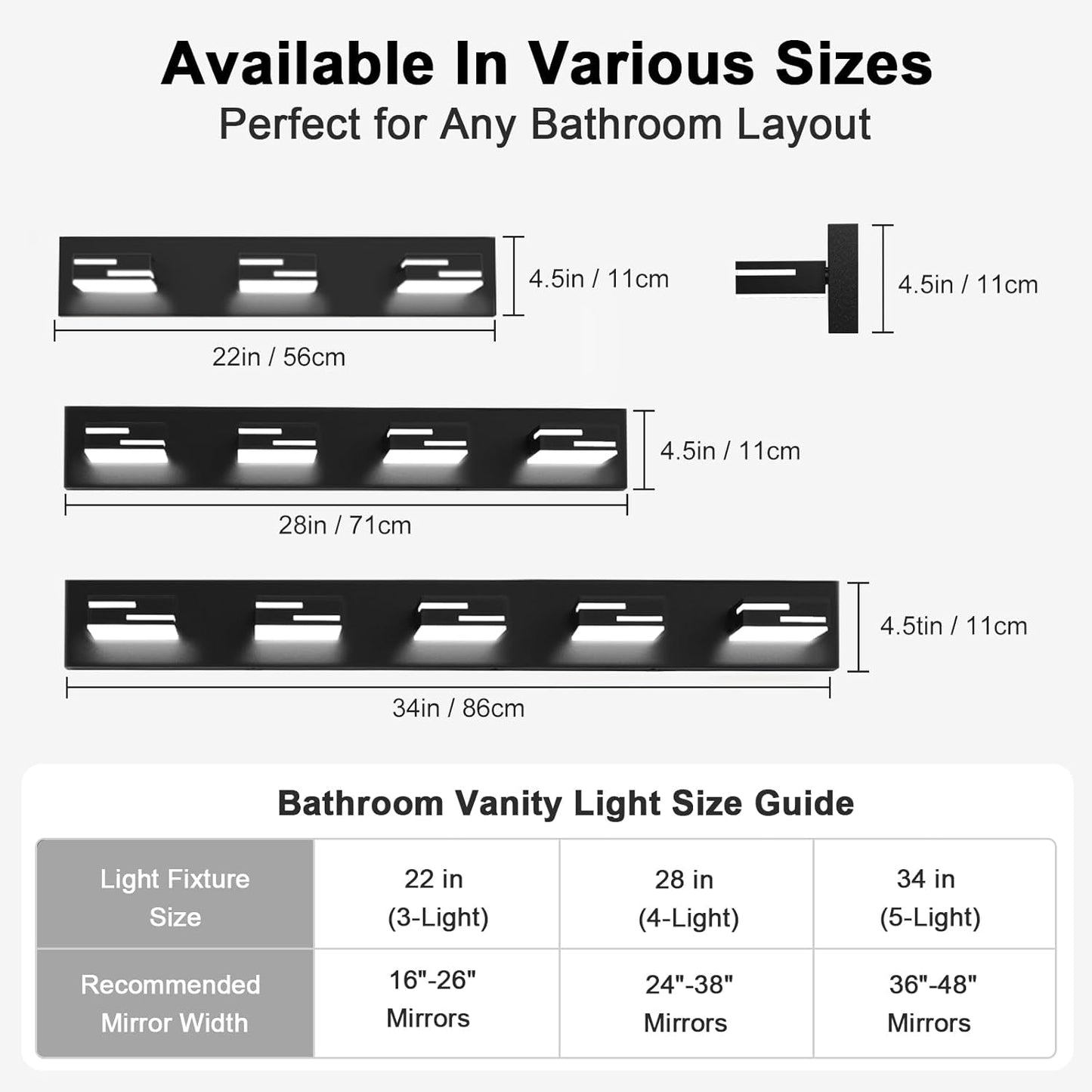 LED Modern Bathroom Vanity Light Fixtures, Dimmable Matte Black Vanity Lights for Bathroom Lighting Fixtures Over Mirror, with 360° Rotatable Acrylic Heads 3-Light 22-inch (Cool White 6000K)