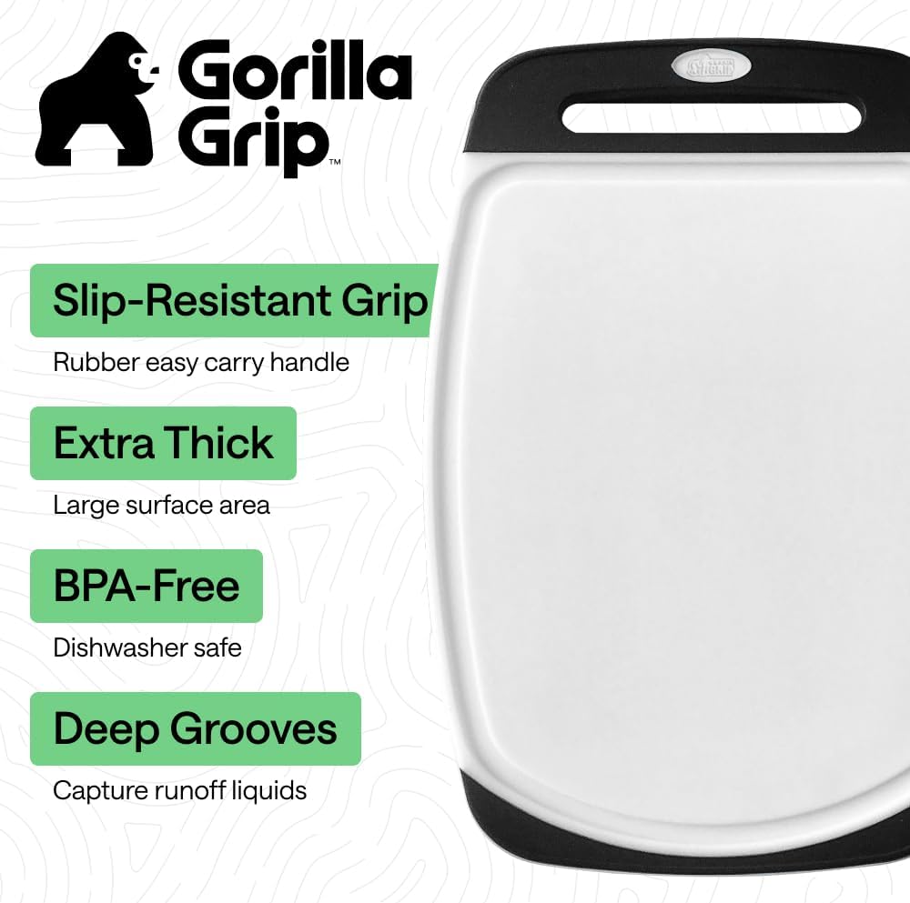 GORILLA GRIP BPA-Free Reversible Kitchen Cutting Board Set of 3, US Designed, Nonporous, Juice Grooves Catch Liquid, Slip Resistant Border, Dishwasher Safe, Durable Large Food Chopping Boards, Black