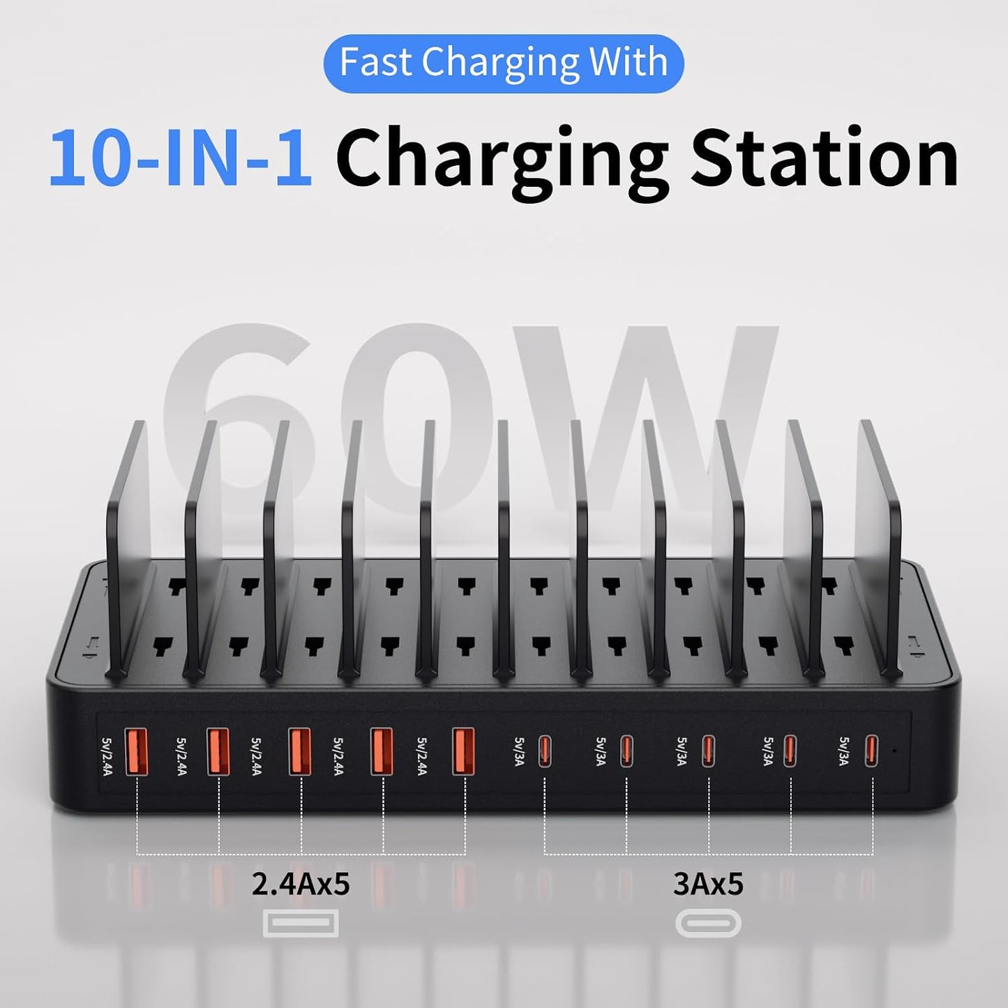 60W Charging Station for Multiple Devices, 10-Port USB Fast Charger | Device Organizer Charging Dock with 10 Mixed Charging Cable & Adjustable Dividers for iPhone, Android, iPad, Tablets & More