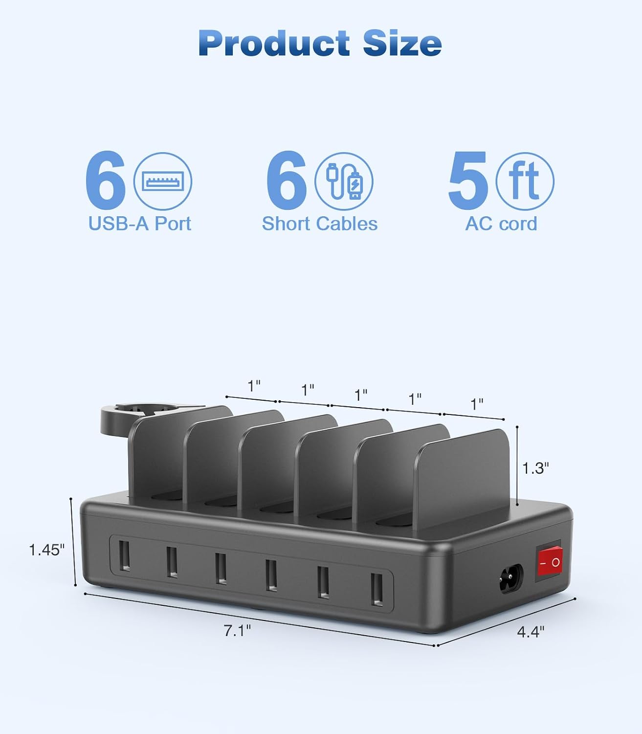 50W Fast Charging Station, 6 Port Charging Station for Multiple Devices | Compatible with iPhone,iPad, Tablet,Kindle ect,with 6 Short Cables and Apple Watch Holder（Space Gray）